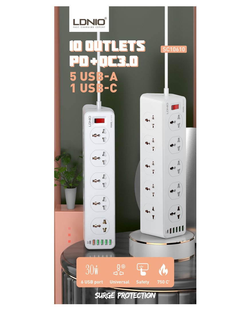 LDNIO LDNIO SC10610 2500W 10 SOCKETS with 5 USB Ports and 1 TYPE-C PD PORT, DESKTOP EXTENSION HOME CHARGER with 2M EU POWER CORD  - Image 3