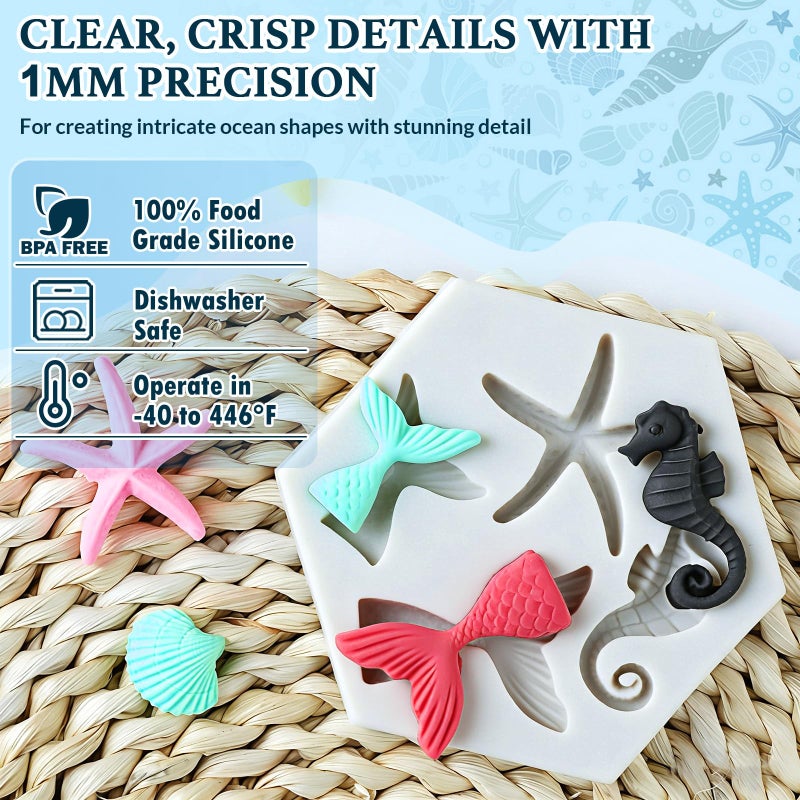 HKNMTT Marine Themed Silicone Mold for Polymer Clay Fondant, Seashell Mermaid Tail Starfish Ocean Seahorse Air Dry Clay Craft Cake Decor Wax Melt Chocolate Candy Mould DIY Cupcake Toppers BPA Free - Image 2