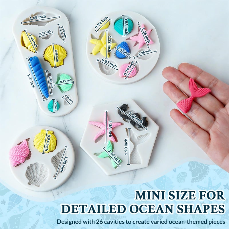 HKNMTT Marine Themed Silicone Mold for Polymer Clay Fondant, Seashell Mermaid Tail Starfish Ocean Seahorse Air Dry Clay Craft Cake Decor Wax Melt Chocolate Candy Mould DIY Cupcake Toppers BPA Free - Image 3