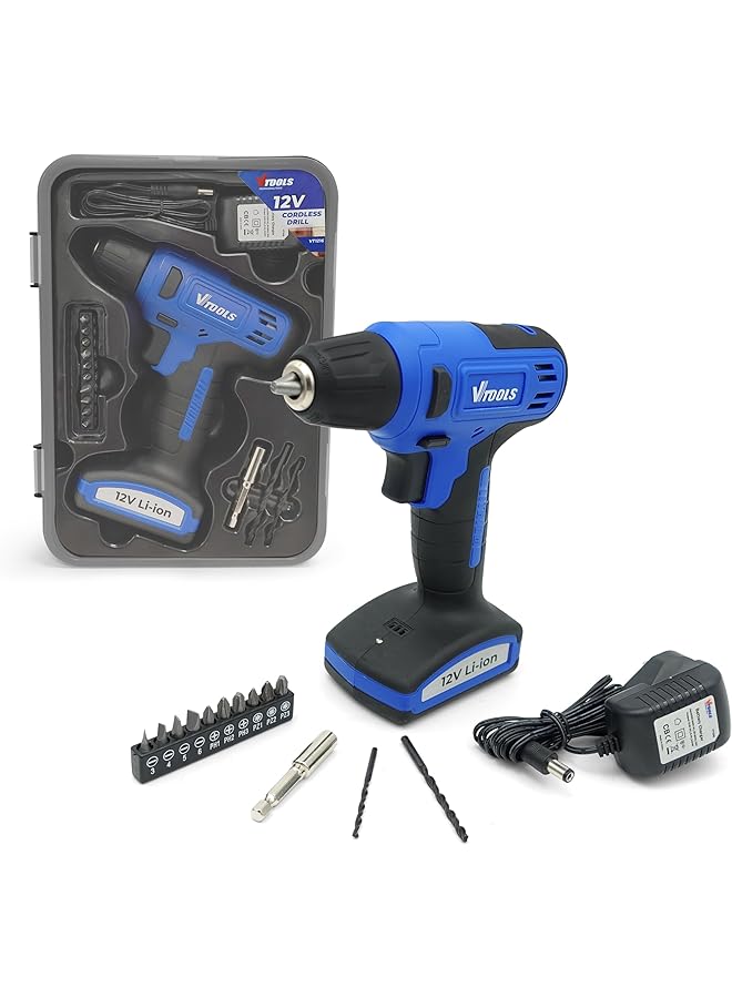 VTOOLS 12V Cordless Drill Driver With 13 Piece Bits Set 850 Rpm With Built In Lithium Ion 1.5Ah Battery 16Nm Torque 10Mm Chuck For Efficient Drilling And Fastening 2 Years Vt1216 - Image 1