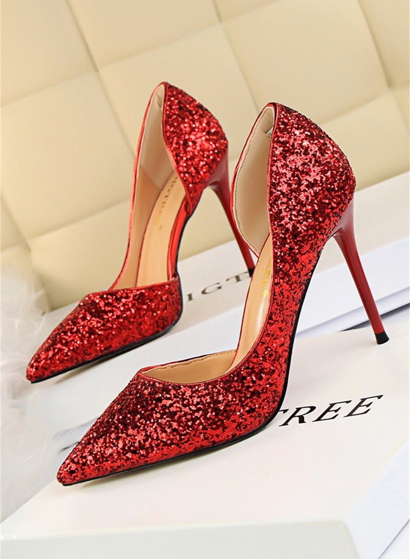 BIGTREE حذاء نسائي رفيع 9.5 سم بكعب رفيع وكعب ضحل وجوانب مدببة باللون الأحمر - Image 1