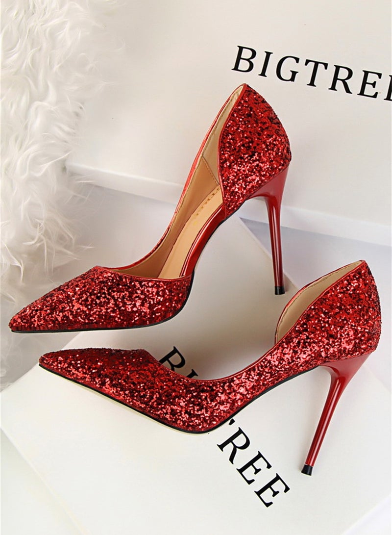 BIGTREE حذاء نسائي رفيع 9.5 سم بكعب رفيع وكعب ضحل وجوانب مدببة باللون الأحمر - Image 2