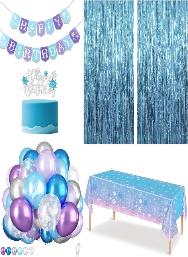 CIEHER Snowflake Birthday Decorations for Girls Set - Birthday Banner, Snowflake Plastic Tablecloth, 60PCS Balloons, Cake Topper and 2 Pack Blue Streamers - Image 1