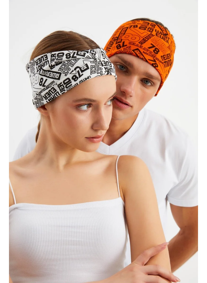 Butikgiz White-Orange 2-Pack Double Sided Use Alternative, Combed Cotton, Non-Slip, Lightweight, Sports Hair Band Bandana