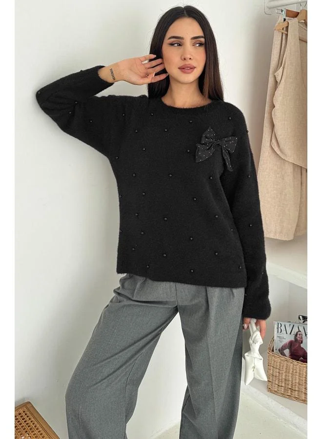Noa Noa Women's Beaded Bow-Detail Knit Sweater – Elegant & Playful Style - Black