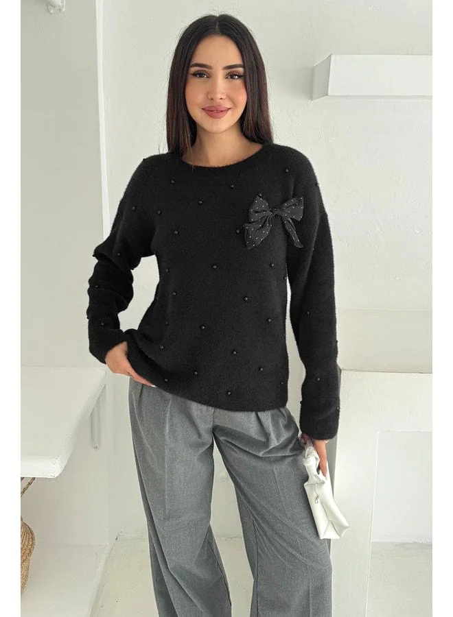 Noa Noa Women's Beaded Bow-Detail Knit Sweater – Elegant & Playful Style - Black