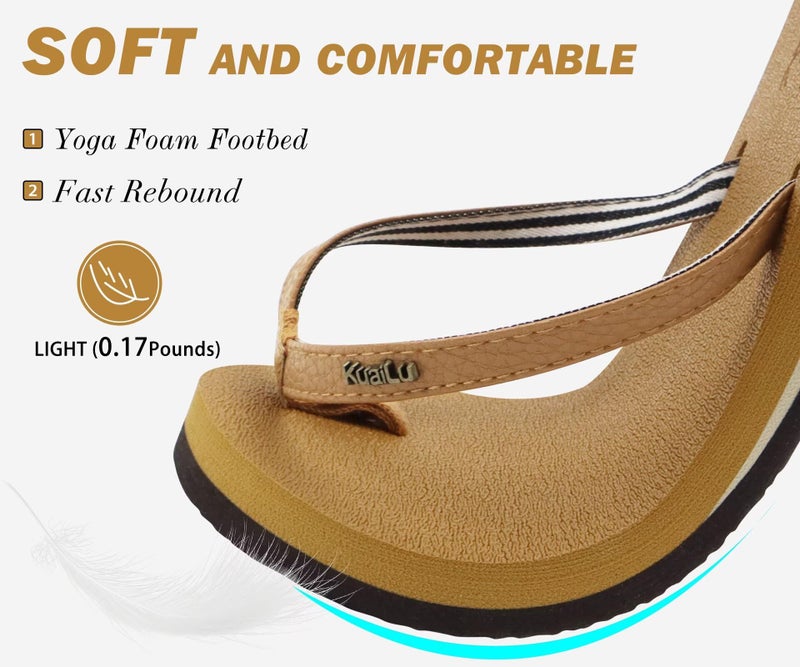 KuaiLu Womens Arch Support Flip Flops Comfortable Yoga Mat Slip on Leather Walking Thong Cushion Sandals Summer Beach Orthotic Slides Travel Essentials Indoor Outdoor Slippers Shoes Khaki Size 5 - Image 3