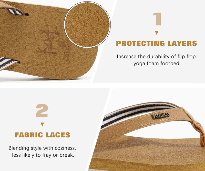 KuaiLu Womens Arch Support Flip Flops Comfortable Yoga Mat Slip on Leather Walking Thong Cushion Sandals Summer Beach Orthotic Slides Travel Essentials Indoor Outdoor Slippers Shoes Khaki Size 5 - Image 5
