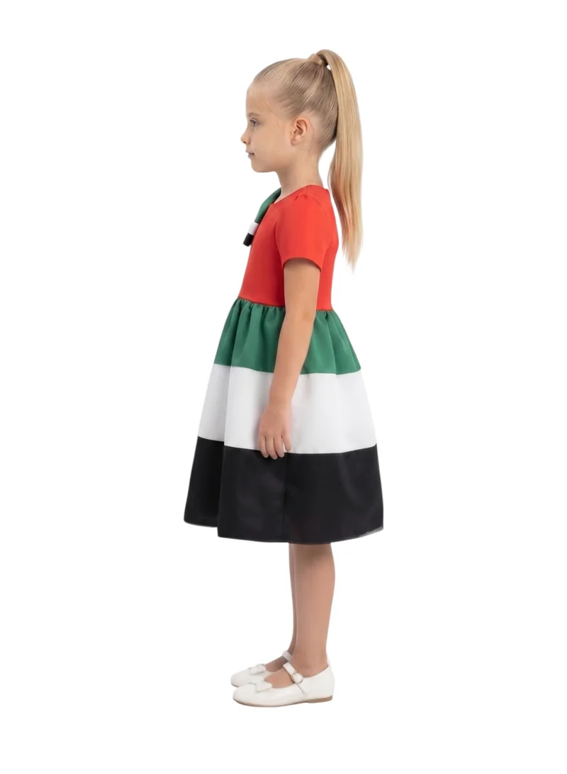 بيداني Girls' UAE National Day Flag Striped Satin Party Dress with Shoulder Bow