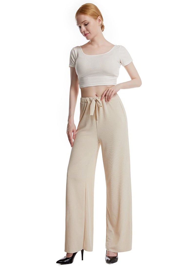 Loquat Women's Solid Color Elastic Waistband Comforty Loose Casual Pants Beige  - Image 1
