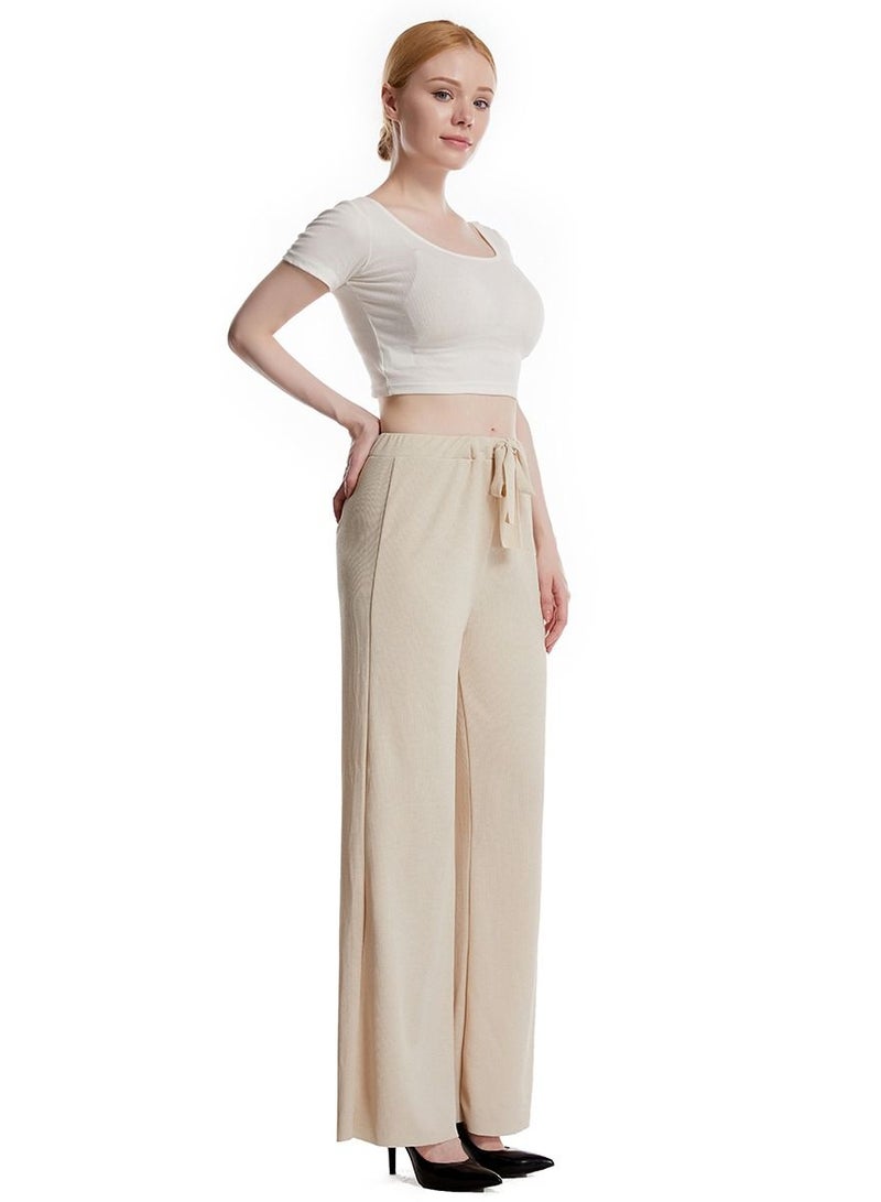 Loquat Women's Solid Color Elastic Waistband Comforty Loose Casual Pants Beige  - Image 2