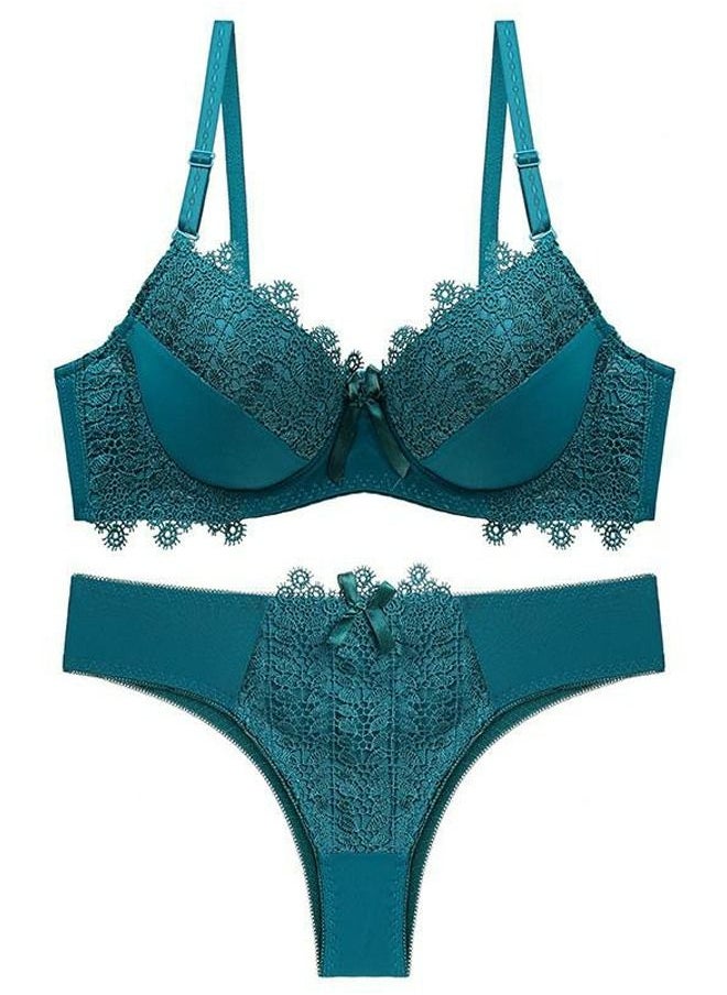 Generic - Comfy Solid Color Thin Cup Lace Bra Panty Set Green - Image 1