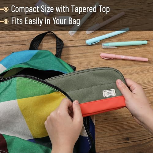 Mr. Pen- Fabric Pencil Case Pouch, 5 Mesh Pockets, Olive Green & Orange, Triangular Shape Pencil Pouch - Image 5