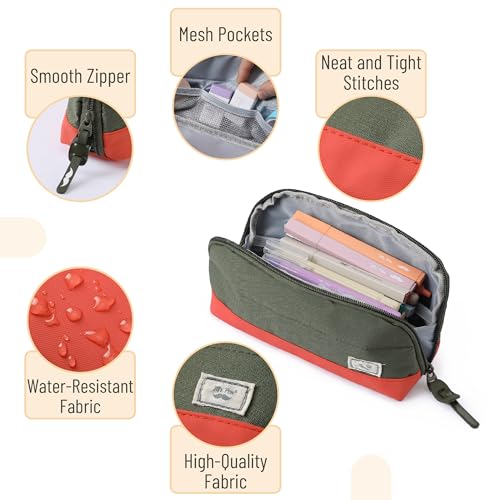 Mr. Pen- Fabric Pencil Case Pouch, 5 Mesh Pockets, Olive Green & Orange, Triangular Shape Pencil Pouch - Image 4