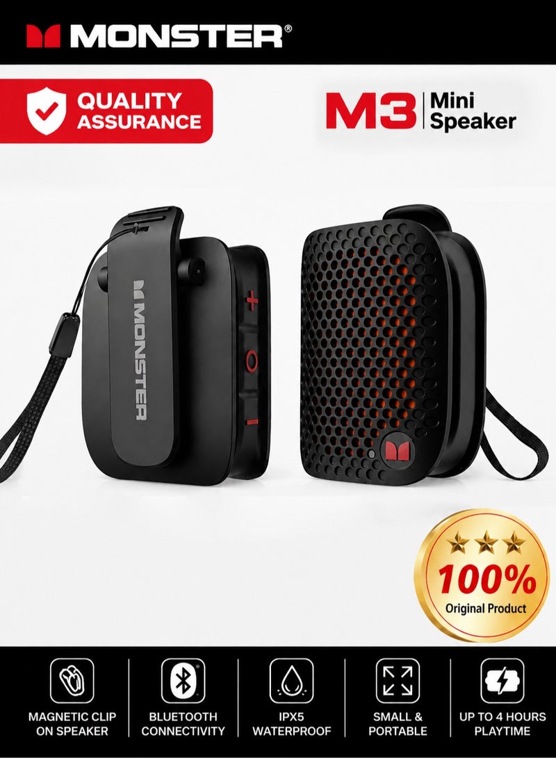 Monster M3 Wearable Magnetic Clip-On Bluetooth Speaker, Portable Wireless Speaker with TWS Stereo, Bluetooth 5.4, IPX5 Waterproof, 9H Playtime, Lightweight Mini Speaker for Outdoor & Travel - Image 1