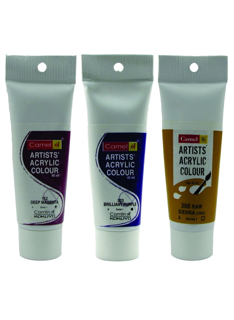 camel Camlin Kokuyo Acrylic Tubes 40ml- Deep Magenta, Brilliant Purple and Raw Sienna 