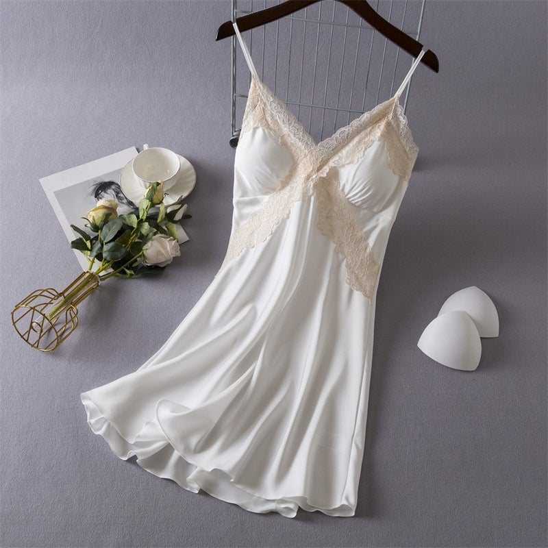 Qi Ta Women's Satin Silk Cami Nightdress with Lace & Built-in Bra - Thin Ice Silk Sleepwear for Spring Summer - Image 1