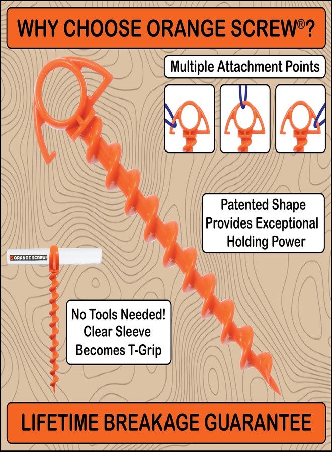 Orange Screw Ultimate Ground Anchors: Heavy Duty Screw-in Tent Stakes for High Wind, Sand, Canopies, and Camping - Made in USA, Included T-Grip Tool - (Small, Single Pack, Orange) - Image 2
