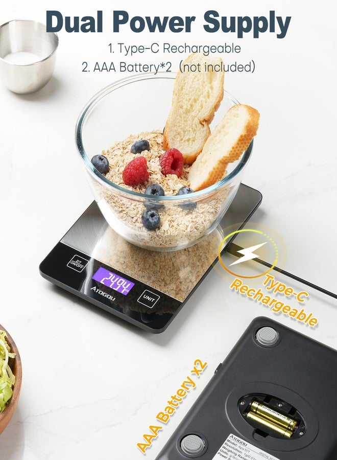 Atogou Food Scale, 33lb Rechargeable Kitchen Scale with Full-View Backlit LCD Display, Waterproof Stainless Steel Surface, Type-C Charging, Grams and Ounces for Baking, Cooking, Food Black - Image 4