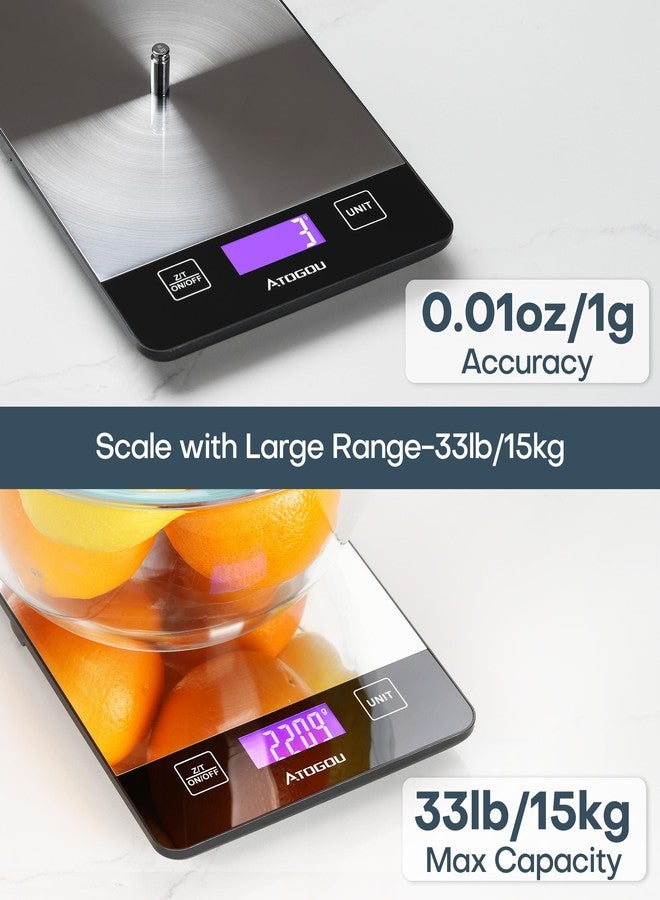 Atogou Food Scale, 33lb Rechargeable Kitchen Scale with Full-View Backlit LCD Display, Waterproof Stainless Steel Surface, Type-C Charging, Grams and Ounces for Baking, Cooking, Food Black - Image 2