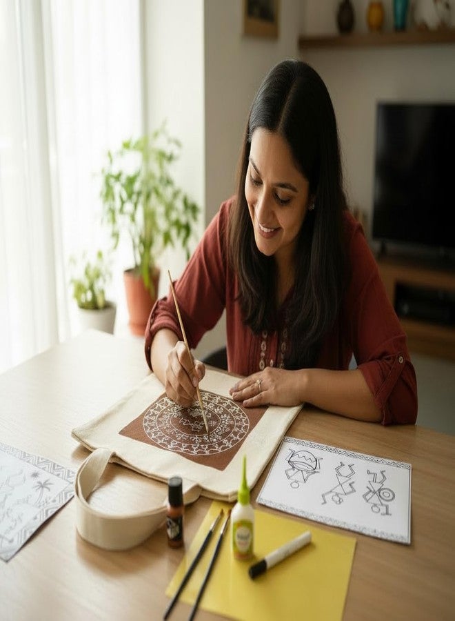 The brown box مجموعة الرسم الفني وورلي للكبار من ذا براون بوكس | مجموعة رسم حقائب التسوق الفنية الهندية الشعبية | مجموعة العلاج بالفن والهوايات (14+) | علبة هدايا شاملة تحتوي على ألوان وفرش وتصاميم - Image 4
