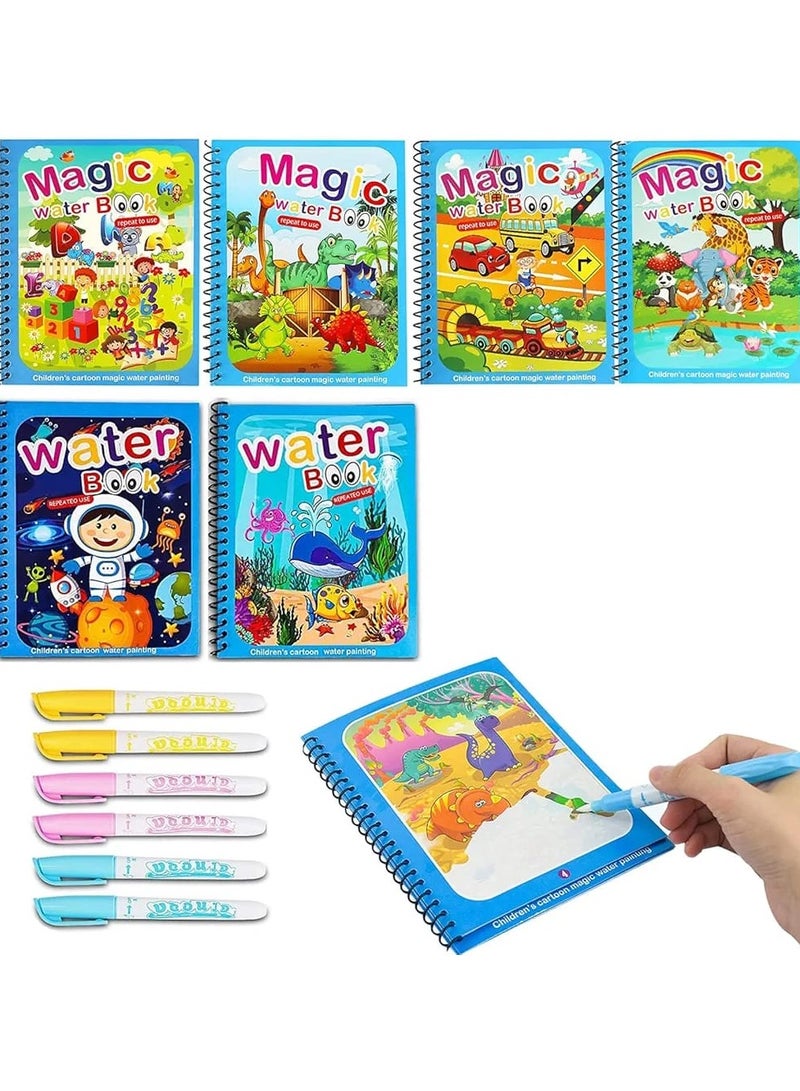 مجموعة 6 كتب تلوين بالماء السحرية – كتب تلوين تعليمية قابلة لإعادة الاستخدام للأطفال – مع قلم مائي – تصميم الفضاء – لعبة تعليمية خالية من الفوضى للأولاد والبنات - Image 1