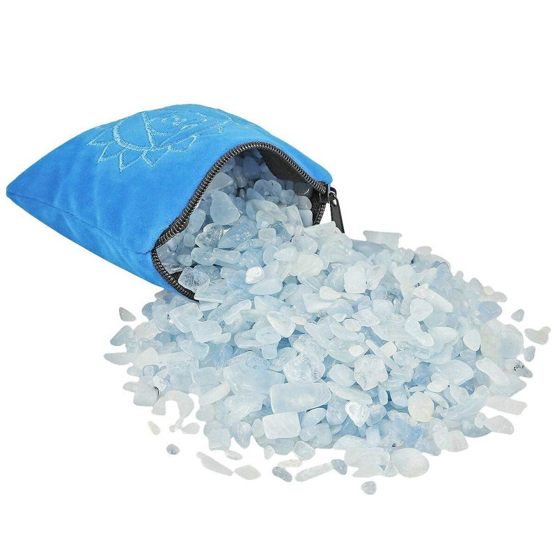 SUNYIK Natural Aquamarine Tumbled Chip Stone, Throat Chakra Crystal Pillow for Healing Reiki, Sphere Sculpture Figurine Point Display Stand