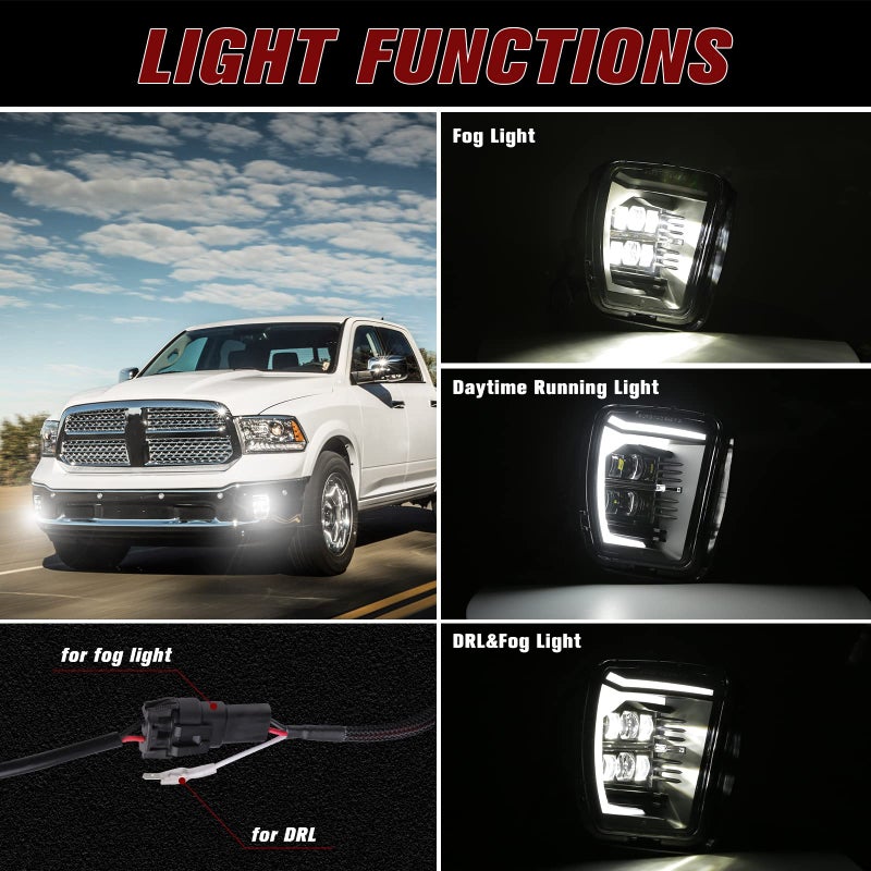 BICYACO LED Fog Lights with DRL Compatible with 2013-2018 Dodge Ram 1500, 2019 Ram 1500 Classic, Front Bumper Lamps with Daytime Running Lights, DOT Certified, IP67 Waterproof, Black (1 Pair) - Image 3
