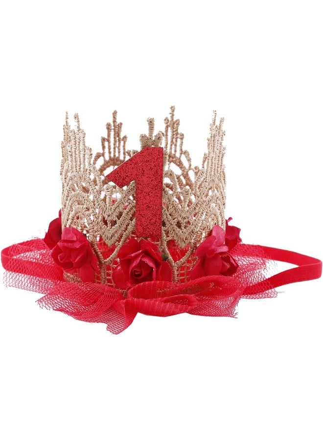 June Bloomy Baby Golden Lace Rose Flower Crown 1st Birthday Headband Princess Tiara (Red)