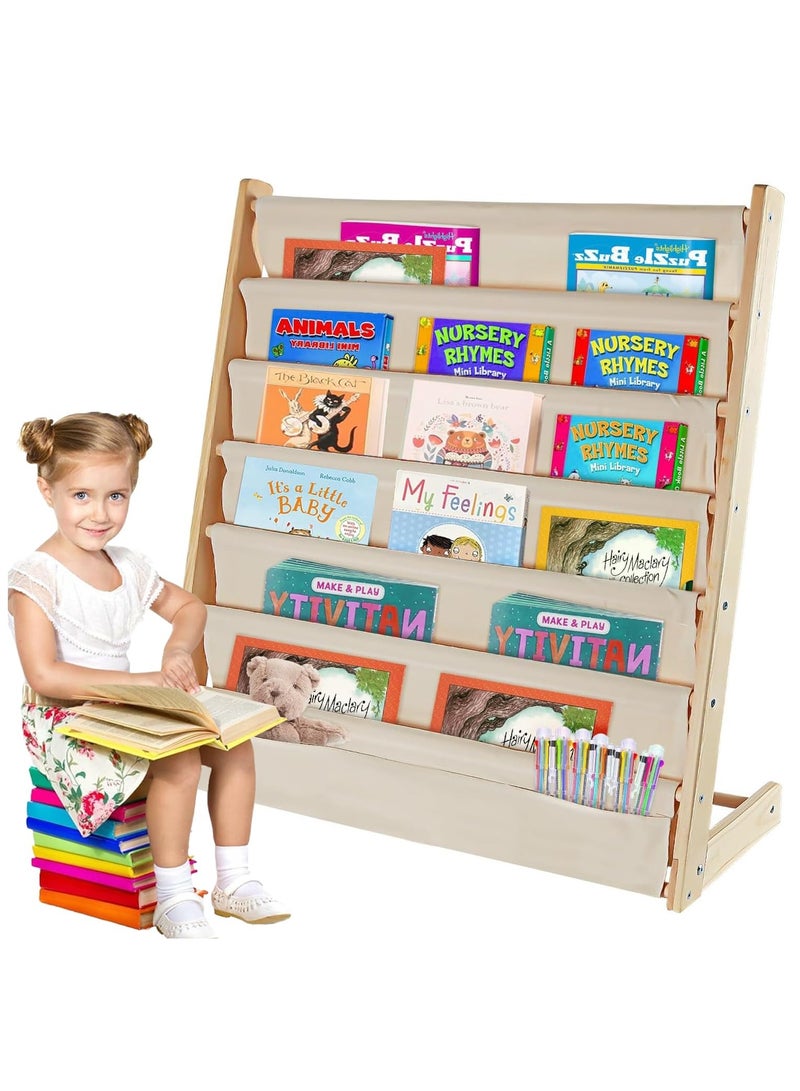 ELFSA Kids Bookshelf, Magazine Organizer with Deep Pocket, 6-Tier Natural Wood Baby Bookcase, Book Display, Toy Storage, for Playroom, Bedroom, Toddler Room, Nursery - Image 1