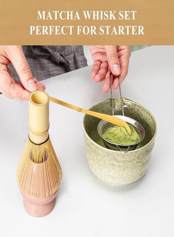 YIBO Matcha Whisk Set, Matcha Making Kit Whisk (Chasen Holder), Ceramic Whisk Holder (Pink), Bamboo Scoop, Powder Starter Sifter, Spoon Japanese Tea Tools For Ceremony Gift - Image 3