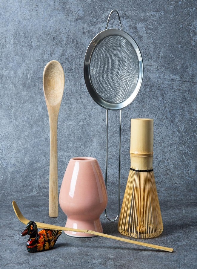 YIBO Matcha Whisk Set, Matcha Making Kit Whisk (Chasen Holder), Ceramic Whisk Holder (Pink), Bamboo Scoop, Powder Starter Sifter, Spoon Japanese Tea Tools For Ceremony Gift - Image 1