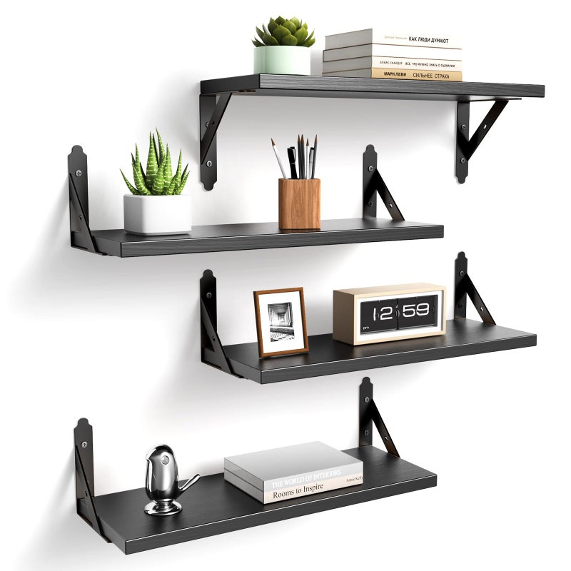 ROMGUAR CRAFT Wood Floating Shelves Set of 4, Rustic Storage Decor Wall Shelves, Wall Mounted Shelf for Living Room, Bedroom 17" x 6", Black - Image 1