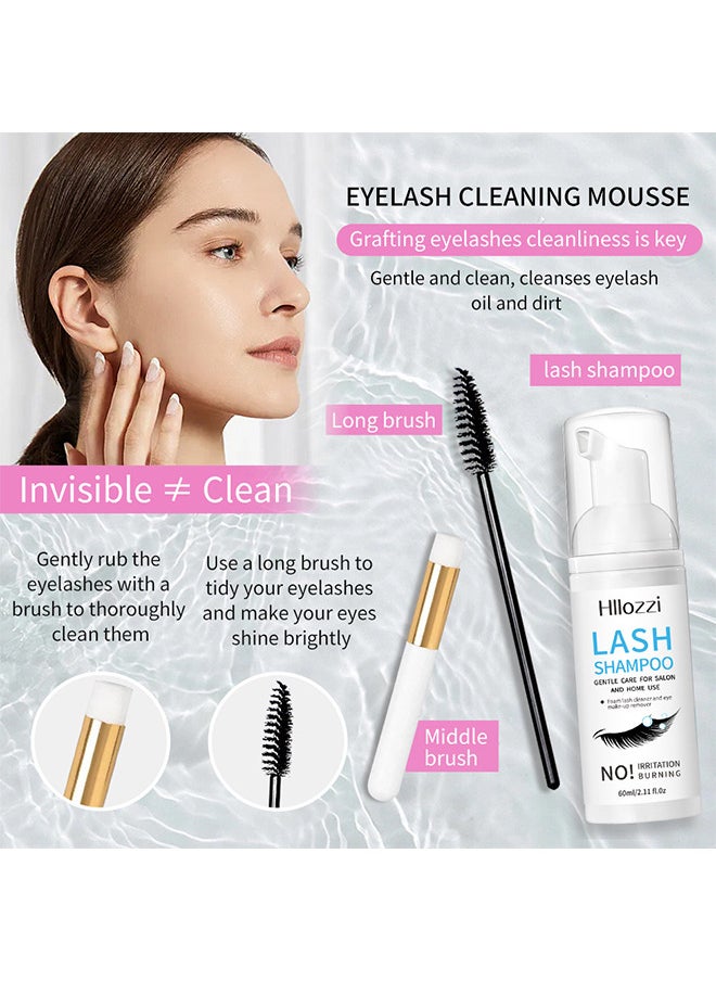 Hllozzi - 60ML Lash Shampoo For Lash Extensions 60ML Eyelash Extension Shampoo Eyelash Extension Foam And Brushes Eyelid Cleanser For Makeup Remover Paraben For Eyelash Extensions Salon And Home Use - Image 1