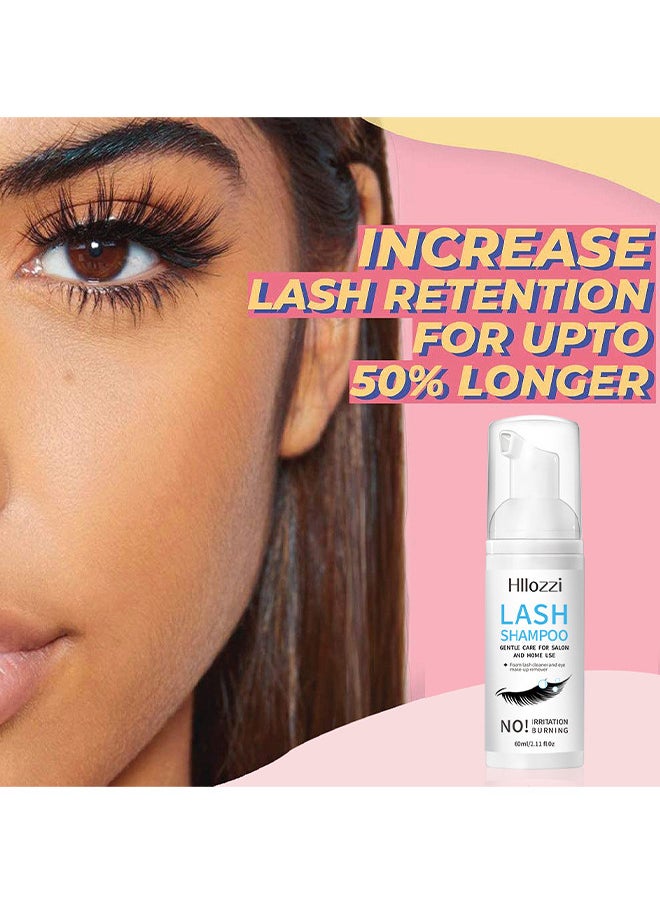 Hllozzi - 60ML Lash Shampoo For Lash Extensions 60ML Eyelash Extension Shampoo Eyelash Extension Foam And Brushes Eyelid Cleanser For Makeup Remover Paraben For Eyelash Extensions Salon And Home Use - Image 1