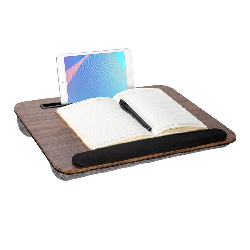 YUELAKE Portable Laptop Desk Fits Up to 16â€œ Laptops, with Tablet Slot, Built-in Cushion, Great for Home & Office,Lap Desk with Cushion (Brown with Wrist Rest, Medium) - Image 1