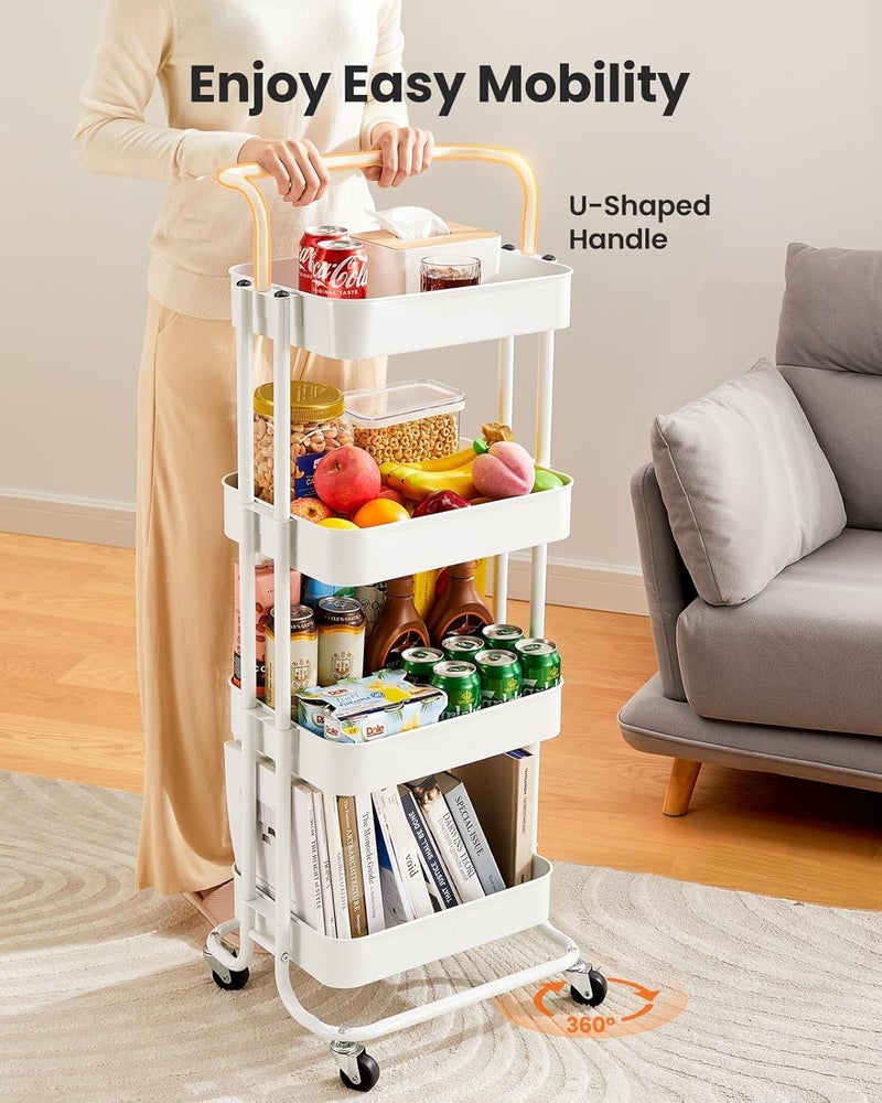 Pipishell 4 Tier Mesh Utility Cart, Rolling Metal Organization Cart with Handle and Lockable Wheels, Multifunctional Storage Shelves for Kitchen Living Room Office White, PIUC12W - Image 2