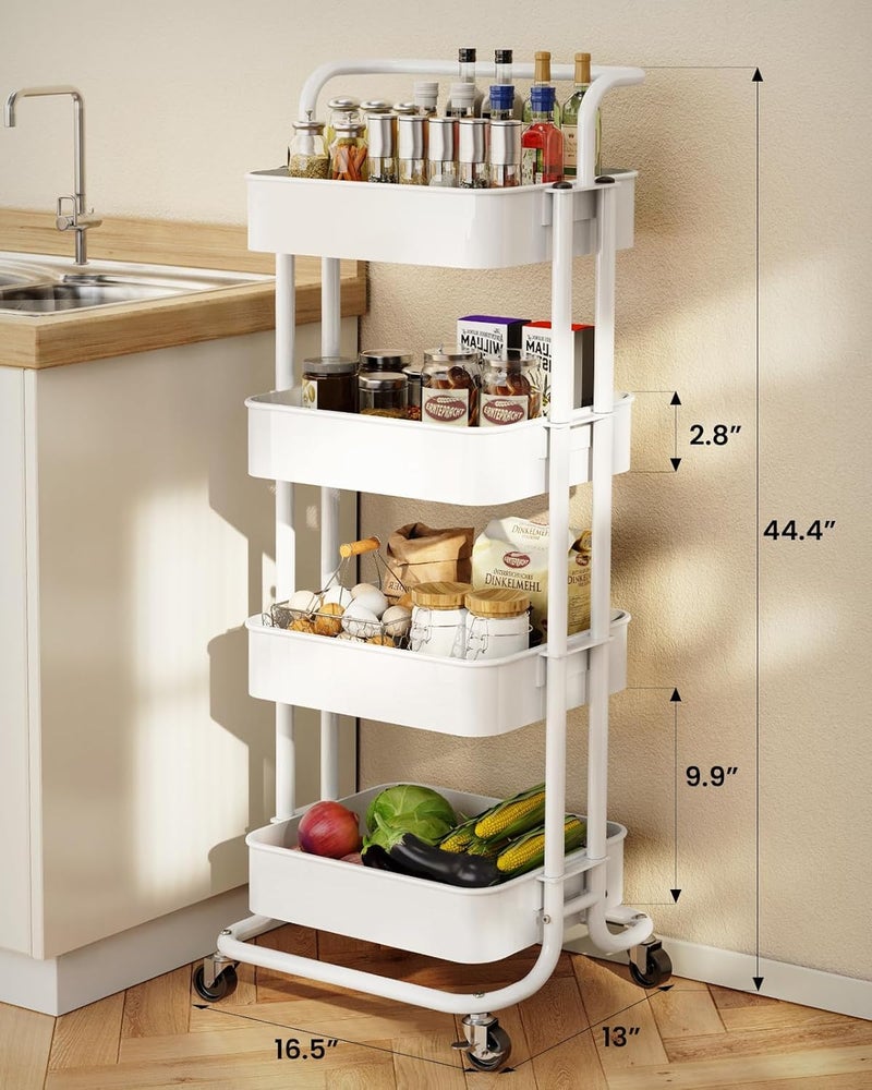 Pipishell 4 Tier Mesh Utility Cart, Rolling Metal Organization Cart with Handle and Lockable Wheels, Multifunctional Storage Shelves for Kitchen Living Room Office White, PIUC12W - Image 1