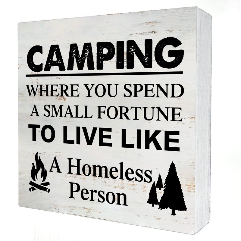 Yigaue Camping Where You Spend a Small Fortune Wooden Box Sign - 5 x 5 Inch Desk Decor for Travel Trailer Camper - Rustic Wood Block Decor - Image 1