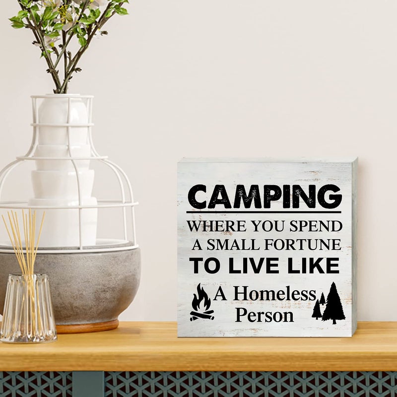 Yigaue Camping Where You Spend a Small Fortune Wooden Box Sign - 5 x 5 Inch Desk Decor for Travel Trailer Camper - Rustic Wood Block Decor - Image 4