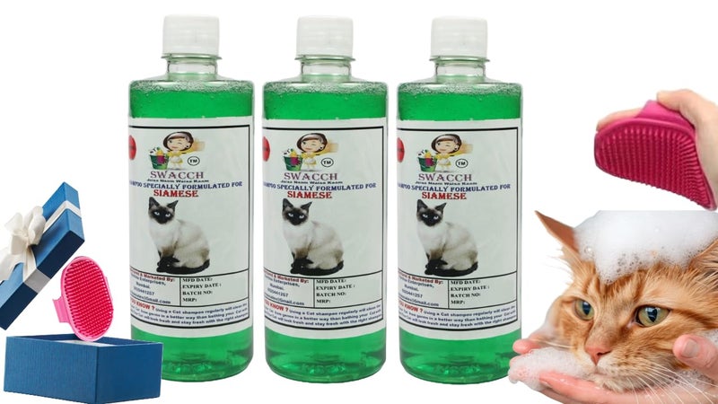 Swacch Siamese Cat Shampoo -500ml (Pack of 3) (Neem Alovera) + Bath Brush with Adjustable Straps Combo Pack - Image 1