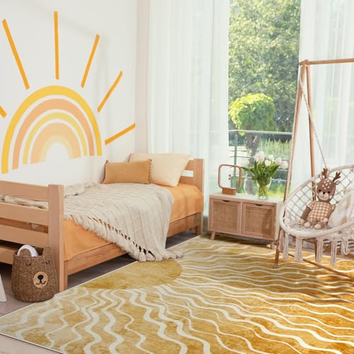 Wonnitar Sun 5x7 Area Rug, Boho Ombre Yellow Bedroom Rug Machine Washable Carpet, Ultra Thin Soft Non Slip Mid Century Nursery Carpet for Kids Room Living Room Playroom Classroom Decor - Image 3