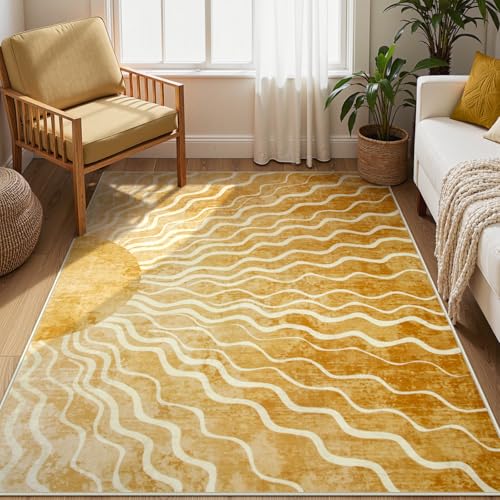 Wonnitar Sun 5x7 Area Rug, Boho Ombre Yellow Bedroom Rug Machine Washable Carpet, Ultra Thin Soft Non Slip Mid Century Nursery Carpet for Kids Room Living Room Playroom Classroom Decor - Image 1