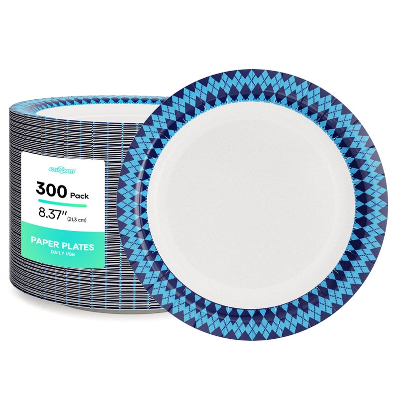 JOLLY PARTY 837 inch Disposable Paper Plates 300 Count Dinner Plates Soak Proof Cut Proof for Everyday Use Navy Diamond Pattern Rim Design