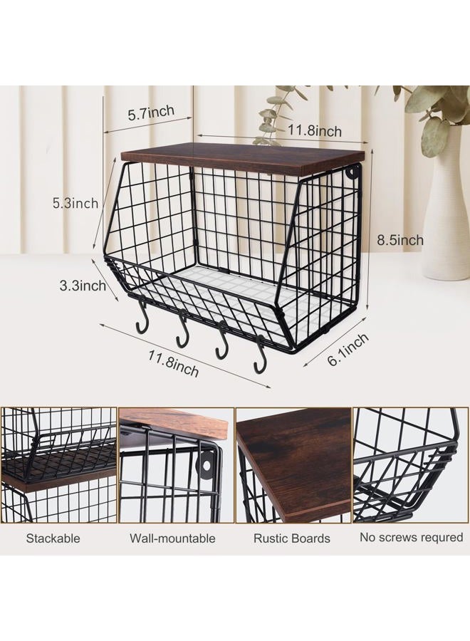 Mefirt Fruit Bowl, Stackable Wall Mounted Fruit Basket with 4 Banana Holder Hooks, Smooth Wood Lid, Metal Kitchen Counter Organizer for Snack, Fruit and Vegetable Storage, 11.8 * 7.9 * 8.5 Inches - Image 3
