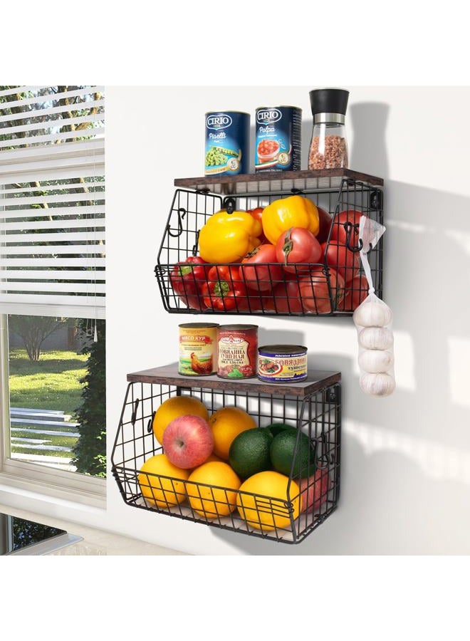 Mefirt Fruit Bowl, Stackable Wall Mounted Fruit Basket with 4 Banana Holder Hooks, Smooth Wood Lid, Metal Kitchen Counter Organizer for Snack, Fruit and Vegetable Storage, 11.8 * 7.9 * 8.5 Inches - Image 1