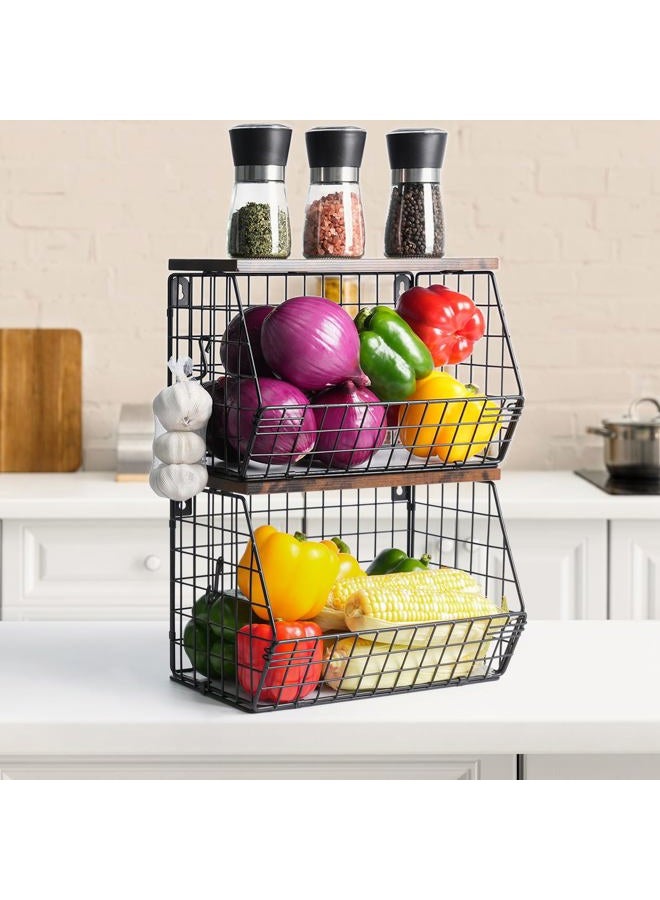 Mefirt Fruit Bowl, Stackable Wall Mounted Fruit Basket with 4 Banana Holder Hooks, Smooth Wood Lid, Metal Kitchen Counter Organizer for Snack, Fruit and Vegetable Storage, 11.8 * 7.9 * 8.5 Inches - Image 5