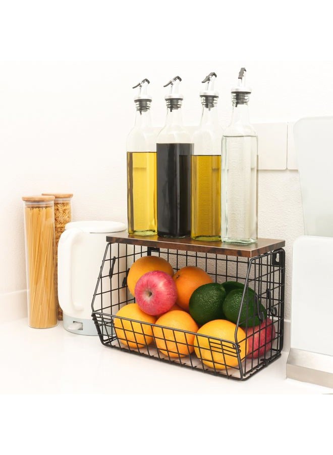 Mefirt Fruit Bowl, Stackable Wall Mounted Fruit Basket with 4 Banana Holder Hooks, Smooth Wood Lid, Metal Kitchen Counter Organizer for Snack, Fruit and Vegetable Storage, 11.8 * 7.9 * 8.5 Inches - Image 4