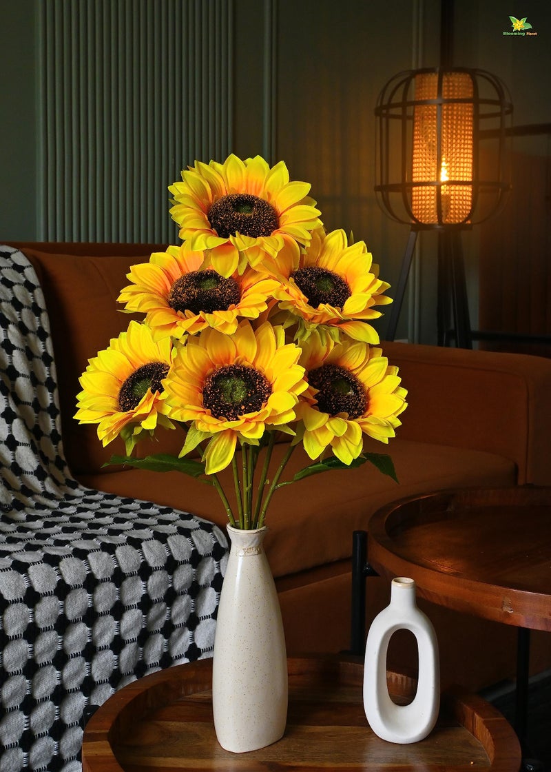 Blooming Floret Polyester Artificial Bunch Of Sunflower For Home Decor/Office Decor/Gifting|Without Vase|7 Flower Heads|Attractive Ornamental Flowers|Natural Looking|Dust-Proof - Image 1
