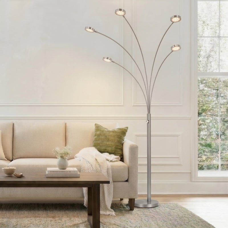 Brightech Orion Arc Floor Lamp for Living Room, Tree Floor Lamp with 5 Adjustable Arms, Multi-Head Standing Lamp with Flexible Rotating LEDs for Bedroom, Dorm - Bright Hanging Lighting - Satin Nickel - Image 2